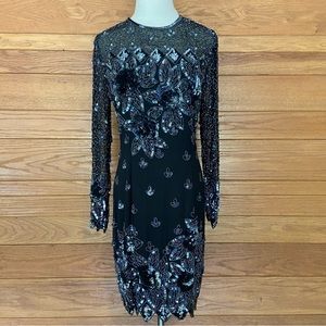 Vintage beaded sequined silk long sleeve floral dress